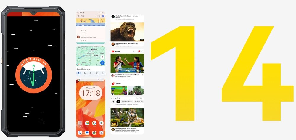 Obraz przedstawia smartfon z wyświetlaczem pokazującym logo Android 14 oraz kilka ekranów aplikacji. Obok widoczna jest duża, żółta liczba 14.