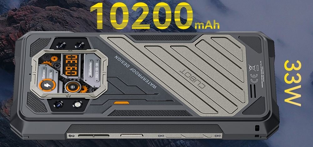 Obraz przedstawia tył smartfona z widocznym napisem \'CUBOT\' oraz tekstem \'WATERPROOF DESIGN\'. Na obrazie widnieją także liczby \'10200 mAh\' i \'33W\'.