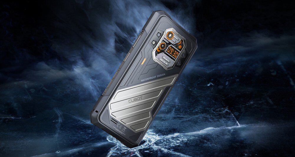Smartfon z solidną obudową, na której widoczne są napisy \'WATERPROOF DESIGN\' i \'CUBOT\'. W tle znajduje się abstrakcyjna, lodowa sceneria.