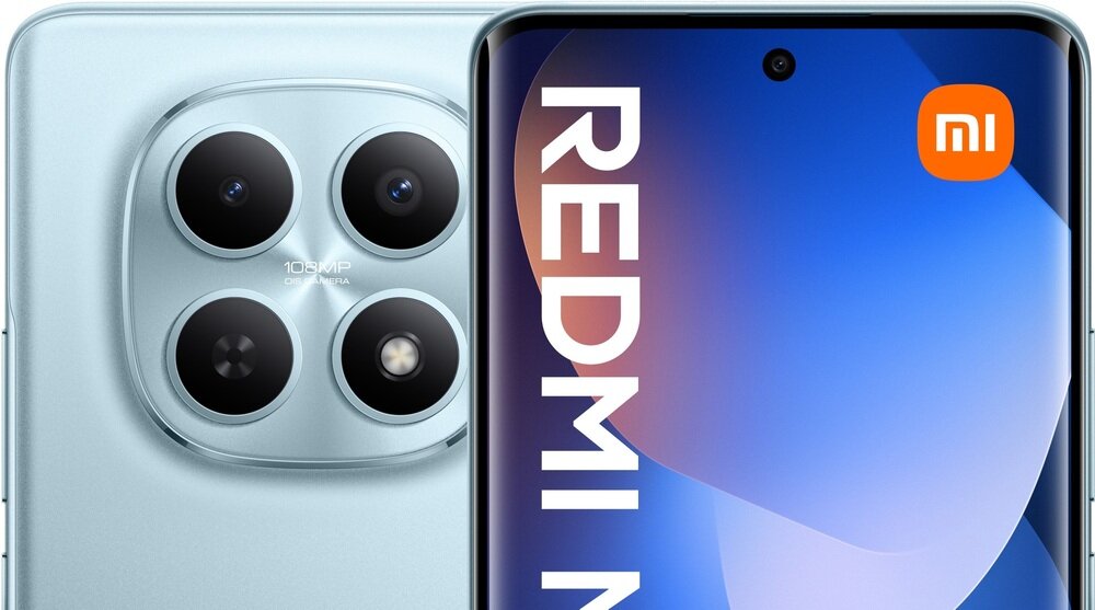 Obraz przedstawia smartfon z widocznym ekranem i częścią tylnej obudowy z czterema obiektywami aparatu. Na ekranie widoczny jest napis \'REDMI N\', a w rogu znajduje się logo \'mi\'.