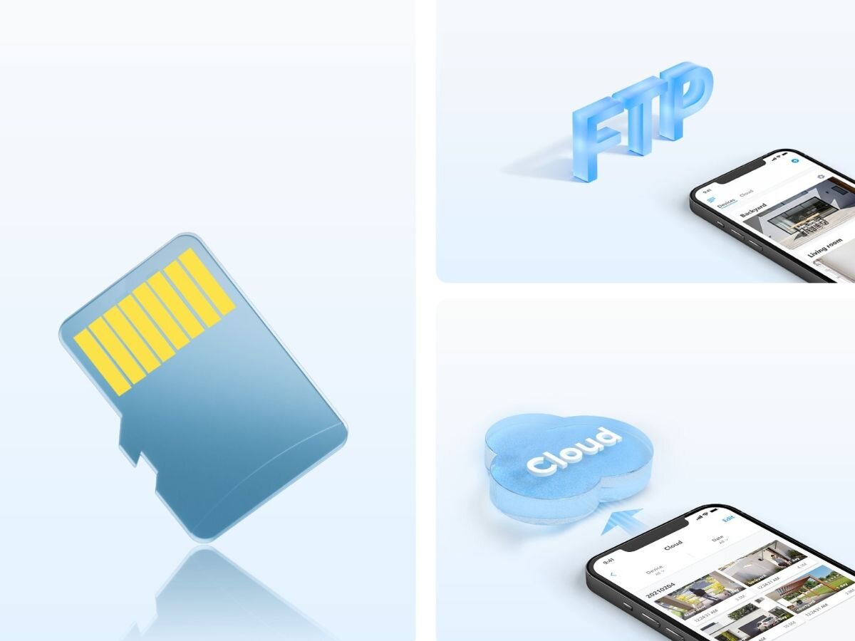Obraz przedstawia trzy elementy: kartę pamięci, napis \'FTP\' oraz chmurę z napisem \'Cloud\'. Obok napisu \'FTP\' i chmury znajduje się smartfon z wyświetlonym interfejsem aplikacji.