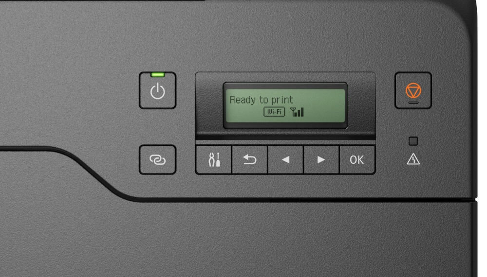 Panel sterowania drukarki z wyświetlaczem pokazującym tekst \'Ready to print\' oraz ikoną Wi-Fi. Widoczne są przyciski z symbolami zasilania, menu, strzałek i OK.