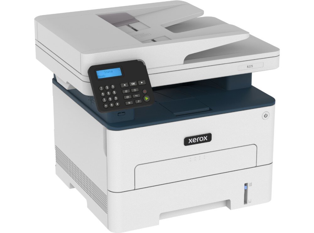 Na obrazie widoczne jest urządzenie wielofunkcyjne z panelem sterowania z wyświetlaczem i klawiaturą numeryczną. Na obudowie znajduje się logo \'xerox\'.