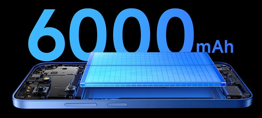 Obraz przedstawia częściowo rozłożony smartfon z widoczną dużą baterią, nad którą znajduje się napis \'6000 mAh\'.