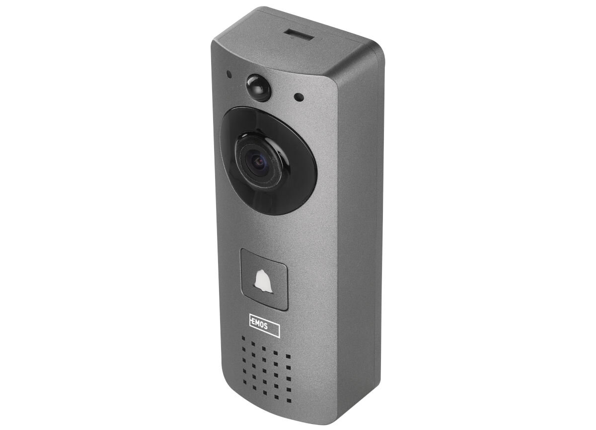 Szary dzwonek bezprzewodowy z kamerą, przyciskiem z ikoną dzwonka i logo \'EMOS\'.