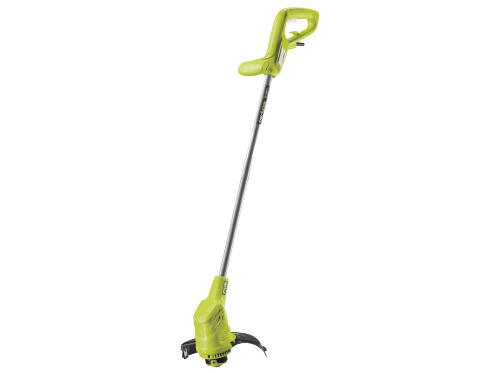 Na obrazie widoczna jest podkaszarka elektryczna w kolorze zielonym z szarym uchwytem. Na obudowie znajduje się logo \'RYOBI\'.