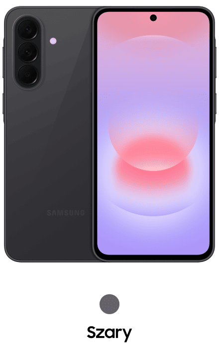 Packshot Galaxy A37 w kolorze szarym Obraz przedstawia smartfon z widocznym ekranem i trzema aparatami z tyłu. Na dole znajduje się napis \'Szary\'.