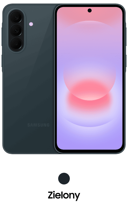 Packshot Galaxy A37 w kolorze zielonym Obraz przedstawia zielony smartfon z trzema aparatami z tyłu i ekranem z gradientowym tłem. Pod urządzeniem znajduje się napis \'Zielony\'.