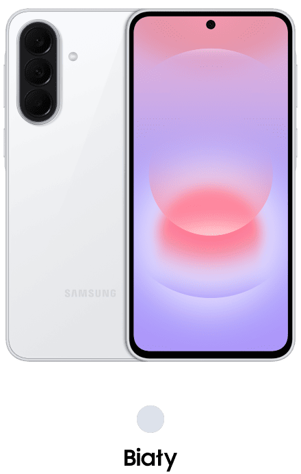 Packshot Galaxy A37 w kolorze białym Obraz przedstawia biały smartfon z trzema aparatami z tyłu i ekranem z gradientowym tłem w odcieniach różu i fioletu. Na obudowie widoczne jest logo \'SAMSUNG\'.