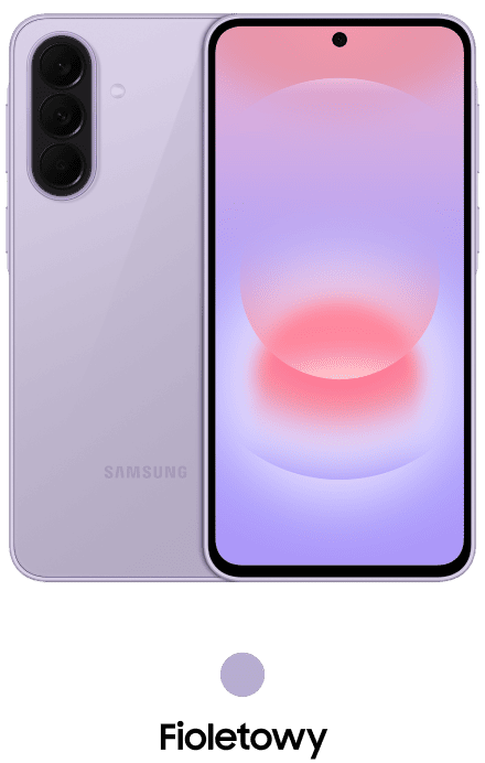 Packshot Galaxy A37 w kolorze fioletowym Smartfon w kolorze fioletowym z trzema aparatami z tyłu i wyświetlaczem z okrągłym wycięciem na aparat przedni. Widoczny napis: \'SAMSUNG\'.