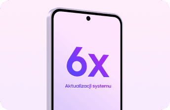 Fioletowy Galaxy A37 5G: „6x ulepszeń systemu”. 6 aktualizacji OS i 6 lat aktualizacji zabezpieczeń. Obraz przedstawia smartfon z wyświetlaczem, na którym widnieje napis \'6x Aktualizacji systemu\'.