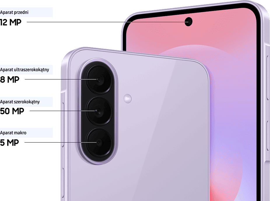 Fioletowy Galaxy A37 5G: potrójny aparat 50+8+5 MP z tyłu i przedni 12 MP, pokazane w zbliżeniu. Obraz przedstawia dwa smartfony z widocznymi aparatami fotograficznymi. Na jednym z nich opisano: \'Aparat przedni 12 MP\', \'Aparat ultraszerokokątny 8 MP\', \'Aparat szerokokątny 50 MP\', \'Aparat makro 5 MP\'.