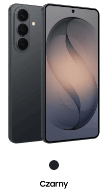Packshot Galaxy S26+ w kolorze czarnym Smartfon w kolorze czarnym z trzema aparatami z tyłu i wyświetlaczem z okrągłym wycięciem na aparat przedni. Pod spodem widoczny jest napis \'Czarny\'.