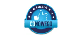 poleca conowego logo Niebieska odznaka z białym kciukiem uniesionym do góry, otoczona napisem \'POLECA CONOWEGO\'.
