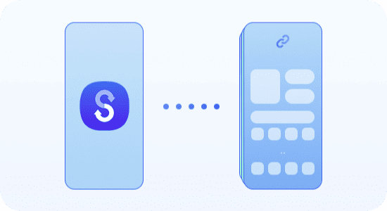 Smartfon z ikoną Smart Switch przesyła dane do innego telefonu, pokazując wiele warstw informacji na ekranie. Grafika przedstawia dwa smartfony. Na jednym z nich widoczna jest ikona z literą \'S\' na niebieskim tle, a pomiędzy nimi znajduje się kilka kropek sugerujących połączenie.