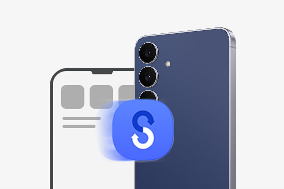 Na obrazie widoczny jest smartfon z trzema obiektywami aparatu oraz ikoną z literą \'S\' i strzałką dookoła. W tle znajduje się zarys ekranu urządzenia z ikonami i tekstem.