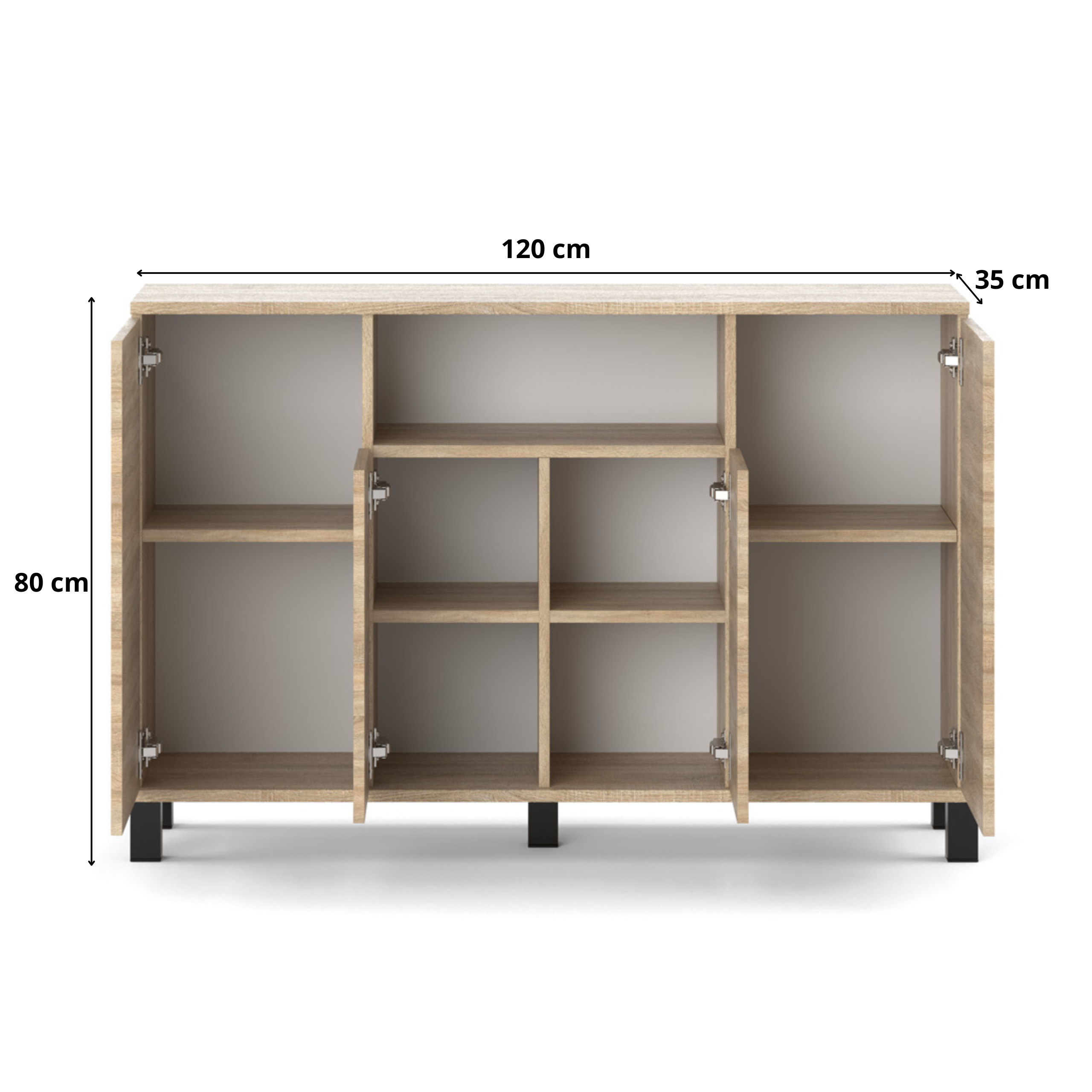 Otwarta komoda w kolorze dąb sonoma z czterema drzwiami i ośmioma półkami. Wymiary to 120 cm szerokości, 35 cm głębokości i 80 cm wysokości.