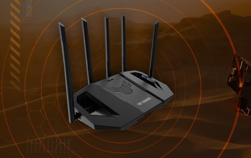 Na obrazie widoczny jest czarny router z sześcioma antenami, z logo ASUS i napisem \'TUF GAMING\' na obudowie. Tło jest w odcieniach brązu z geometrycznymi wzorami.
