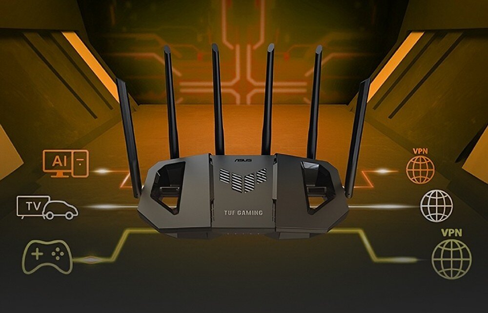 Na obrazie znajduje się router z sześcioma antenami, z logo ASUS i napisem \'TUF GAMING\'. W tle widoczne są ikony symbolizujące AI, TV, gry oraz VPN.