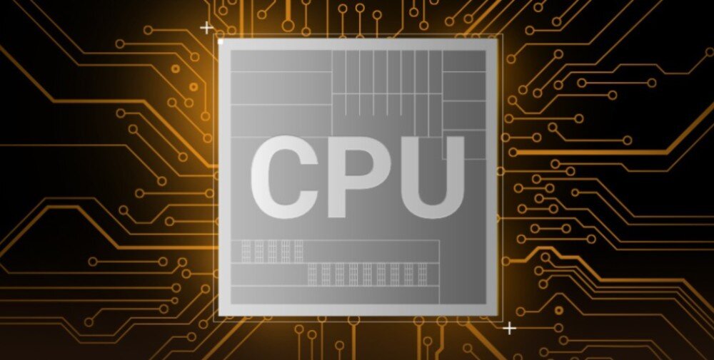 Obraz przedstawia schematyczny rysunek procesora z napisem \'CPU\' na środku, otoczony złotymi ścieżkami na ciemnym tle.