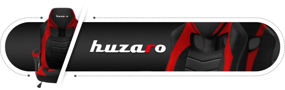 Obraz przedstawia czarno-czerwony fotel gamingowy z logo \'huzaro\' na oparciu. W tle widoczny jest napis \'huzaro\' na czarnym tle.