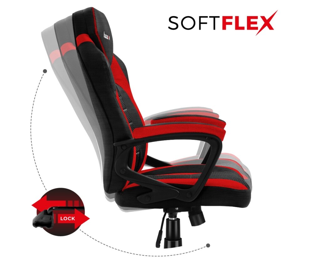 Obraz przedstawia czarno-czerwony fotel biurowy z mechanizmem regulacji oparcia. Widoczny jest napis \'SOFTFLEX\' oraz symbol z napisem \'LOCK\'.