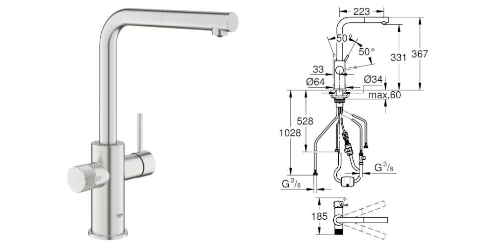 Obraz przedstawia stalową baterię kuchenną z dźwignią i pokrętłem, obok znajduje się schemat techniczny z wymiarami. Na baterii widoczne jest logo \'GROHE\'.