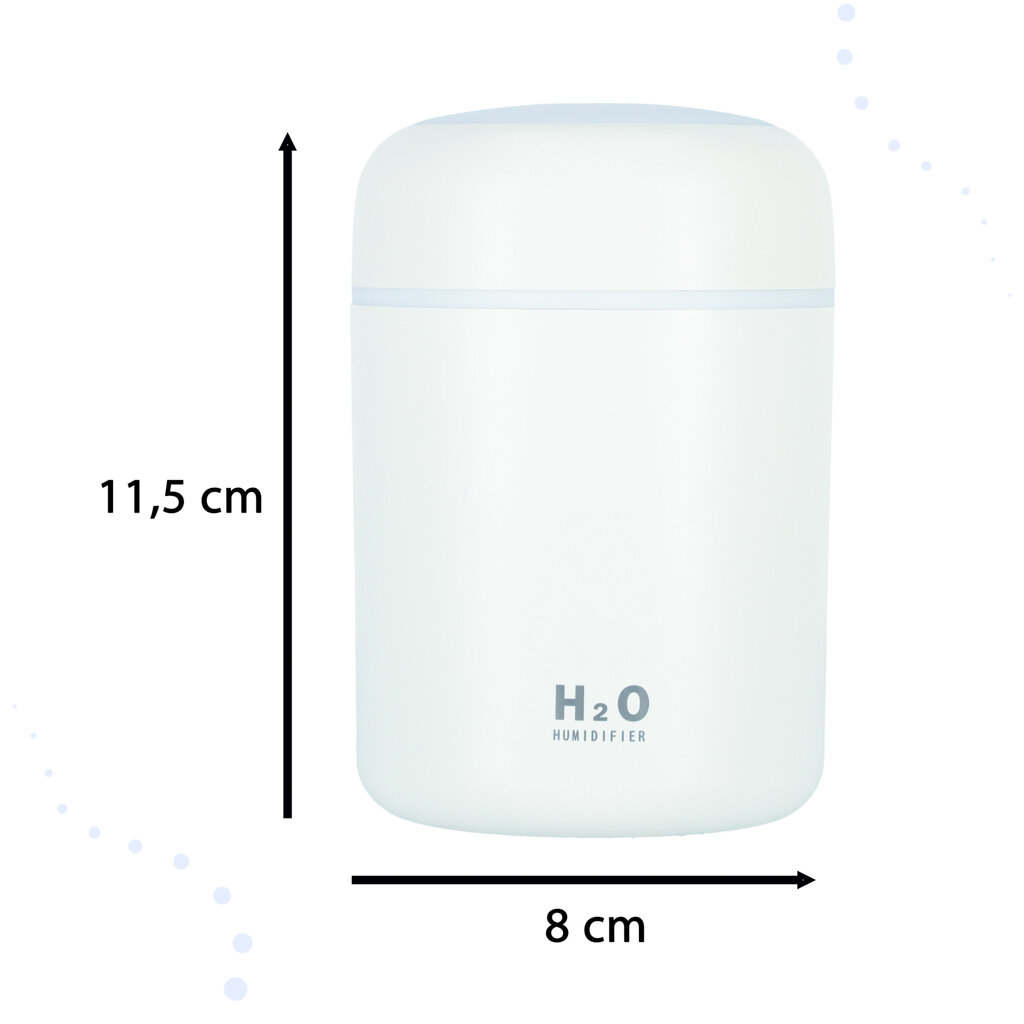 Biały nawilżacz powietrza o wymiarach 11,5 cm wysokości i 8 cm szerokości z napisem \'H2O Humidifier\' na dole.