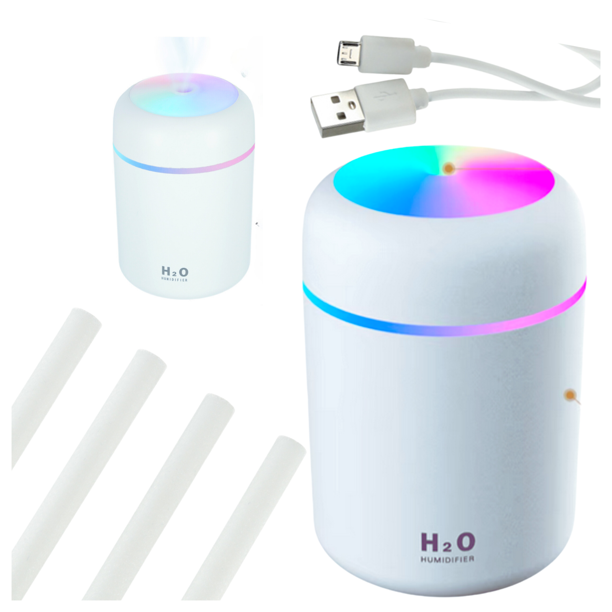 Na obrazie znajduje się biały nawilżacz powietrza z kolorowym podświetleniem LED i napisem \'H2O Humidifier\'. Obok widoczny jest kabel USB oraz cztery białe filtry.