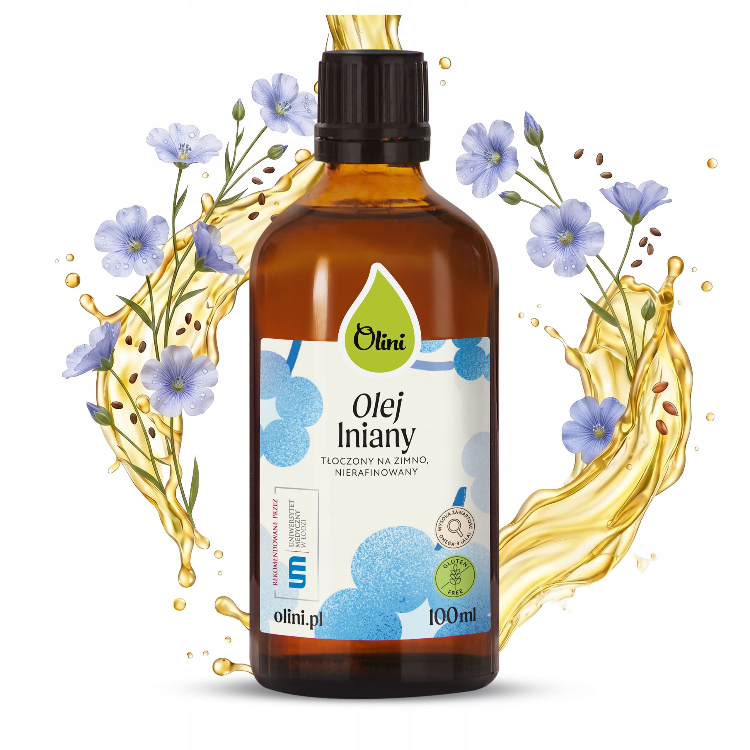 Butelka oleju lnianego marki Olini o pojemności 100 ml, z etykietą zawierającą napisy: \'Olej lniany, tłoczony na zimno, nierafinowany\'. W tle widoczne są kwiaty lnu i krople oleju.