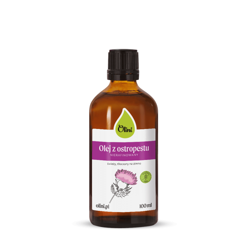Butelka z brązowego szkła z etykietą \'Olej z ostropestu Nierafinowany\'. Na etykiecie widnieje rysunek ostropestu, logo \'Olini\' oraz napis \'olini.pl 100 ml\'.