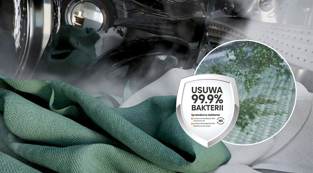 Obraz przedstawia wnętrze bębna pralki z zielonym i białym materiałem oraz tarczą z napisem \'USUWA 99.9% BAKTERII\'.