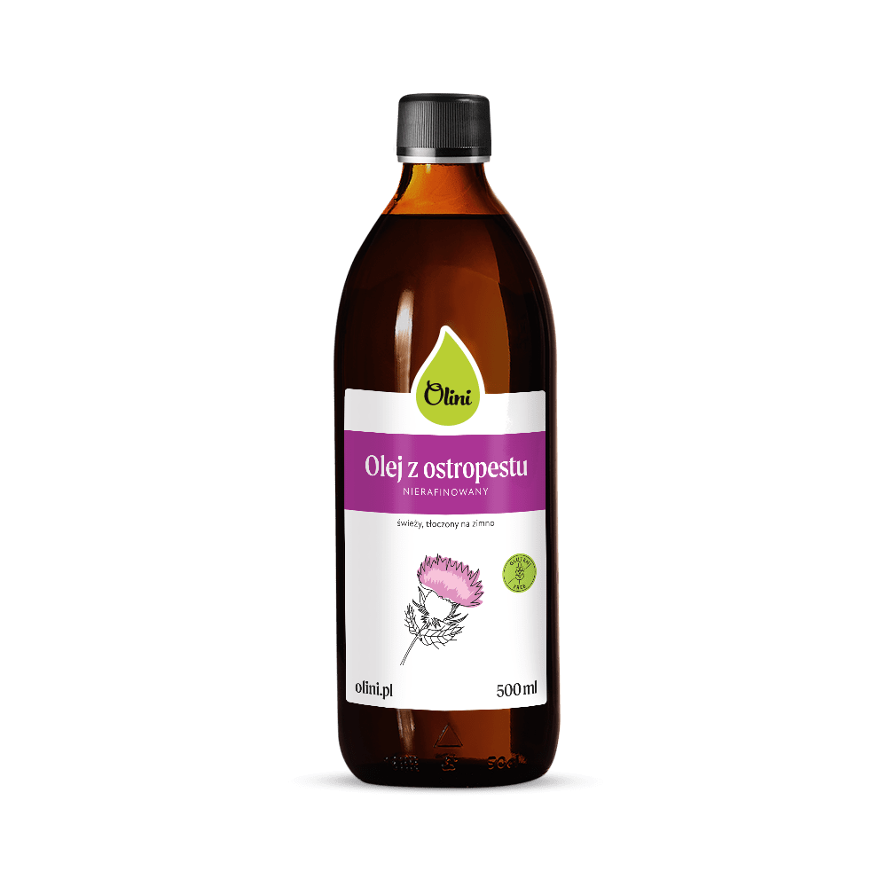 Butelka z ciemnego szkła z etykietą \'Olini Olej z ostropestu Nierafinowany\'. Na etykiecie znajduje się rysunek ostropestu i napis \'olini.pl 500 ml\'.
