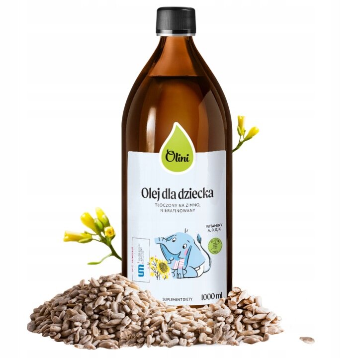 Butelka oleju Olini Olej dla dziecka o pojemności 1000 ml z etykietą przedstawiającą niebieskiego słonia. Wokół butelki znajdują się nasiona słonecznika i żółte kwiaty.
