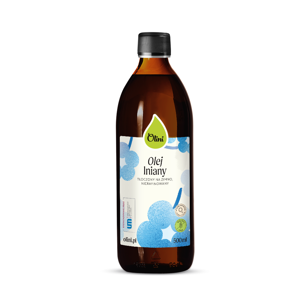 Butelka z ciemnego szkła z etykietą \'Olini Olej lniany, tłoczony na zimno, nierafinowany\'. Na etykiecie widoczne są niebieskie kwiaty i napis \'olini.pl 500 ml\'.