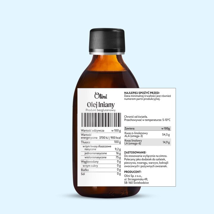 Butelka z ciemnego szkła z etykietą produktu \'Olini Olej Lniany, Produkt bezglutenowy\'. Etykieta zawiera informacje o wartości odżywczej, składnikach oraz zaleceniach dotyczących przechowywania i zastosowania.