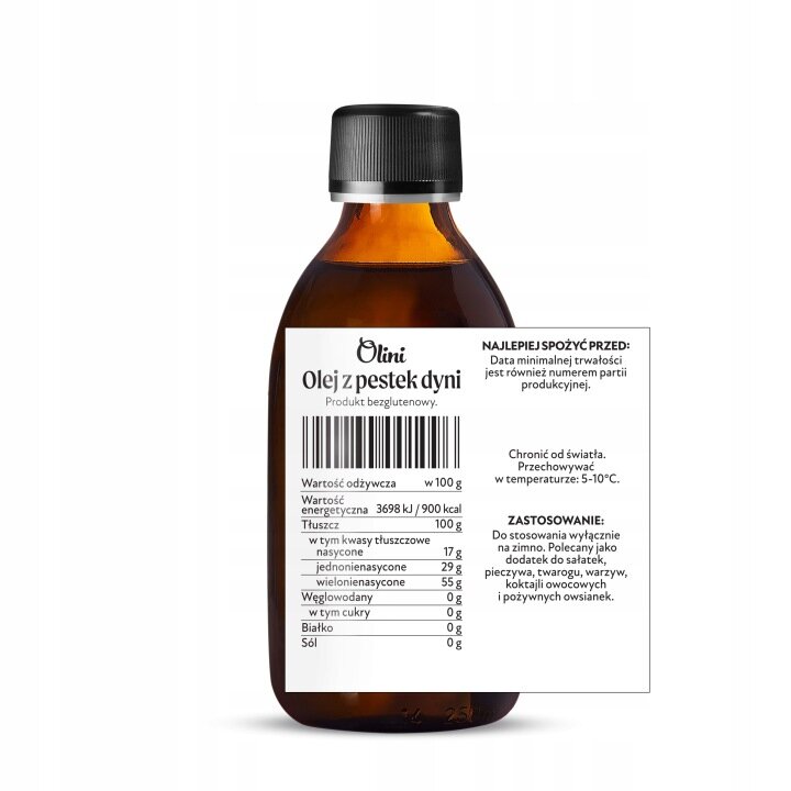 Butelka z ciemnego szkła z etykietą \'Olini Olej z pestek dyni Produkt bezglutenowy\'. Na etykiecie widoczne są informacje o wartości odżywczej oraz zalecenia dotyczące przechowywania i zastosowania.