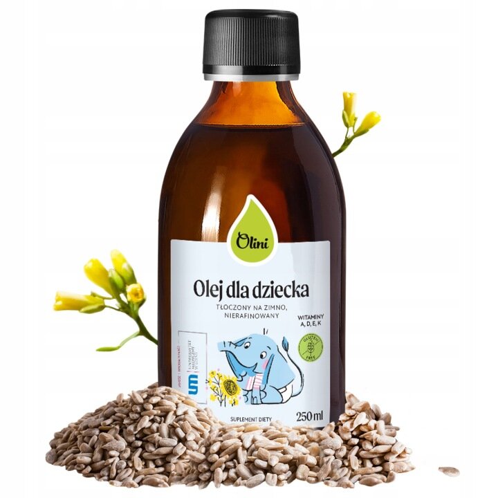 Butelka z ciemnego szkła z etykietą \'Olini Olej dla dziecka, tłoczony na zimno, nierafinowany, witaminy A, D, E, K, suplement diety, 250 ml\'. Obok butelki znajdują się nasiona i żółte kwiaty.