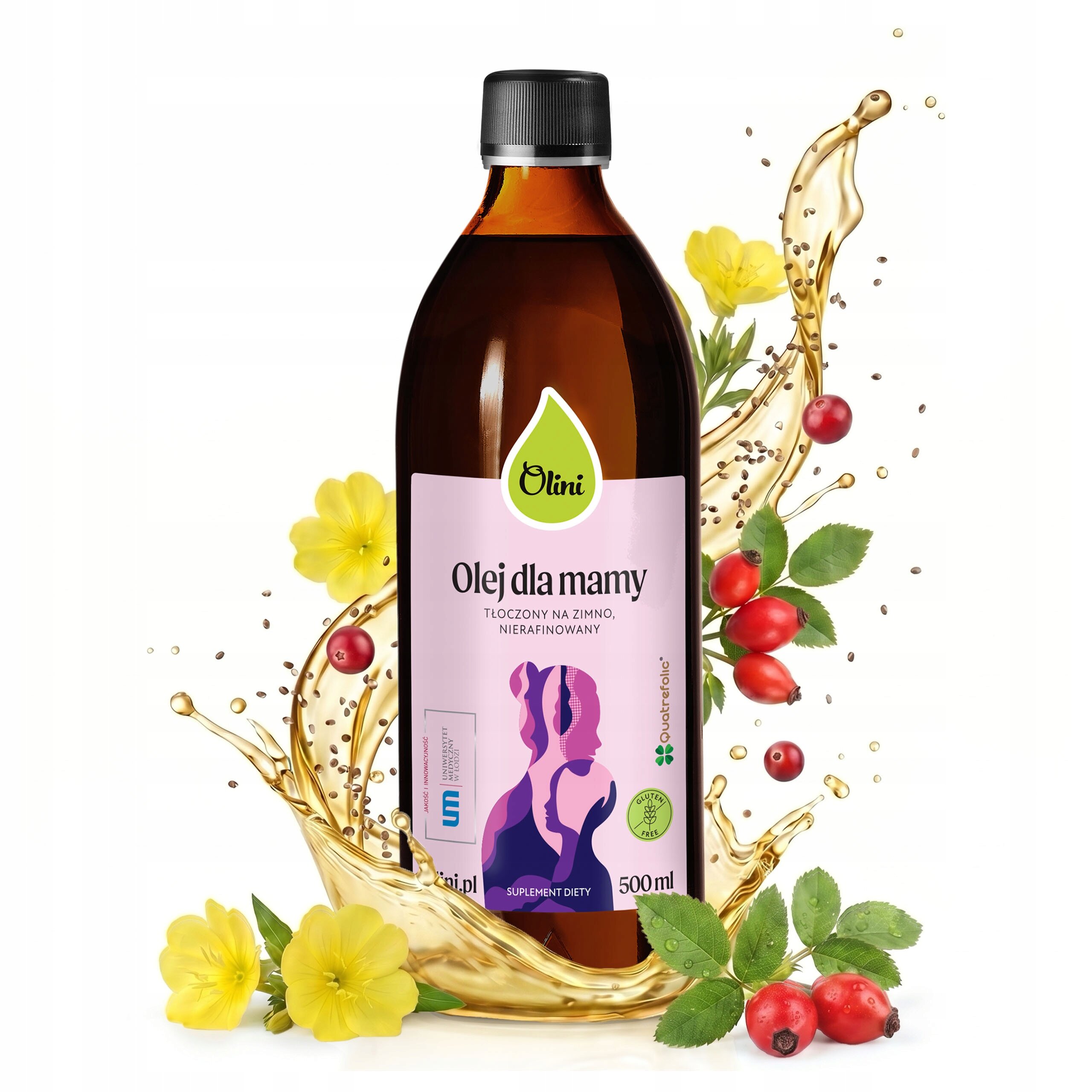 Butelka z ciemnego szkła z etykietą \'Olini Olej dla mamy, tłoczony na zimno, nierafinowany, 500 ml\'. Wokół butelki znajdują się żółte kwiaty i czerwone owoce, a także rozpryskujący się olej.