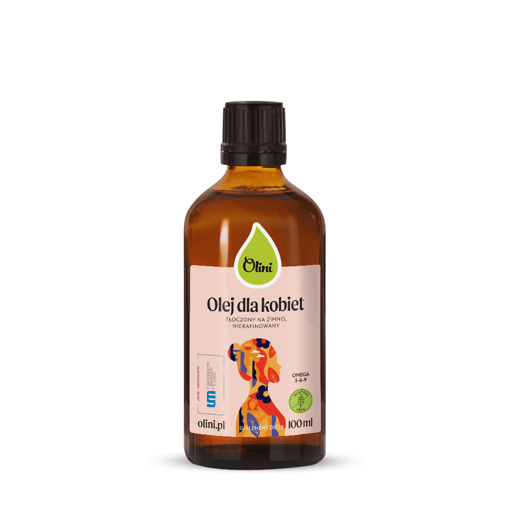 Butelka z brązowego szkła z etykietą \'Olini Olej dla kobiet, tłoczony na zimno, nierafinowany\'. Na etykiecie widoczny jest kolorowy wzór oraz informacje \'omega 3-6-9\', \'olini.pl\', \'100 ml\'.