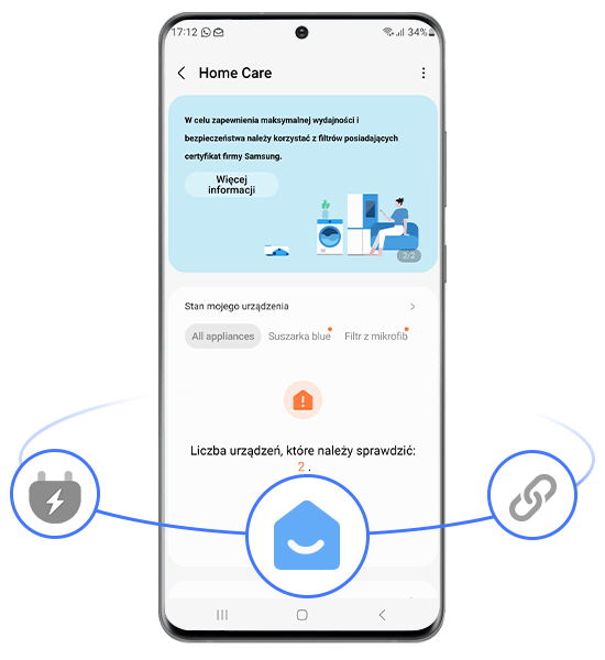 SmartThings Home Care pralki EcoBubble AI Energy Ekran smartfona z aplikacją \'Home Care\' pokazuje komunikat: \'W celu zapewnienia maksymalnej wydajności i bezpieczeństwa należy korzystać z filtrów posiadających certyfikat firmy Samsung.\' oraz informację o liczbie urządzeń do sprawdzenia: 2.