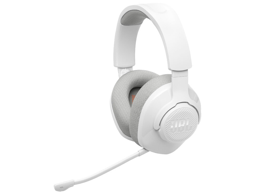 Białe, nauszne słuchawki z mikrofonem na wysięgniku, z widocznym logo \'JBL\' na nauszniku.