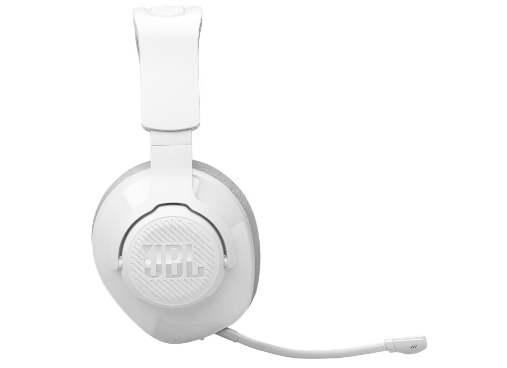 Białe słuchawki nauszne z mikrofonem, na jednej muszli widoczne logo \'JBL\'.