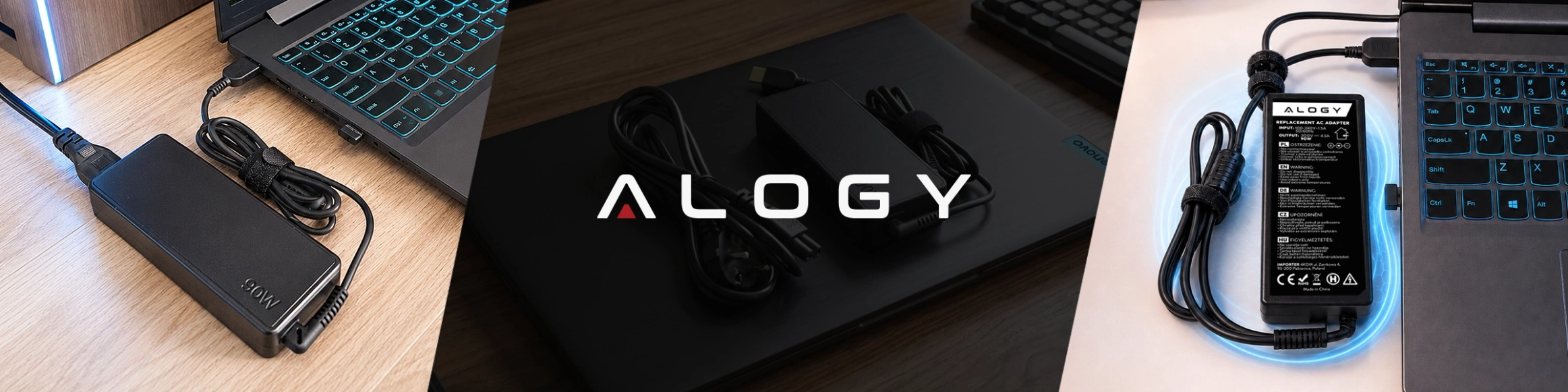 Obraz przedstawia trzy ujęcia zasilacza do laptopa z logo \'ALOGY\'. Zasilacz jest czarny, podłączony do laptopa, a na jednym z ujęć widoczny jest napis \'90W\'.