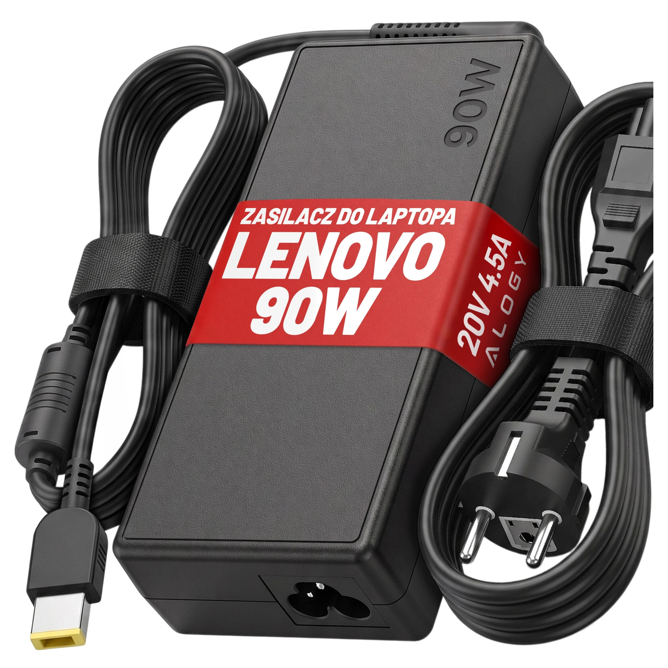 Czarny zasilacz do laptopa z widocznym czerwonym paskiem z napisem \'ZASILACZ DO LAPTOPA LENOVO 90W 20V 4.5A ALOGY\'. Obok zasilacza znajdują się dwa kable z wtyczkami, jeden z nich ma europejską wtyczkę zasilającą.