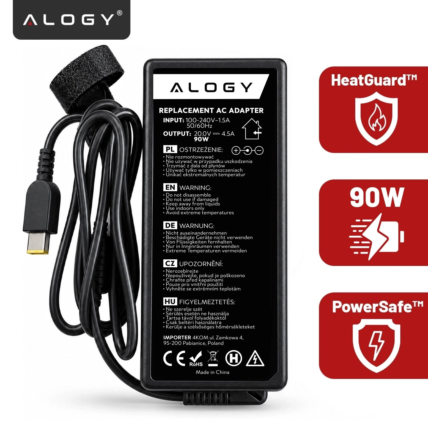 Zasilacz do laptopa z logo \'ALOGY\', z informacjami o wejściu 100-240V~1.5A 50/60Hz i wyjściu 20V 4.5A 90W. Obok znajdują się ikony z napisami \'HeatGuard™\', \'90W\' i \'PowerSafe™\'.