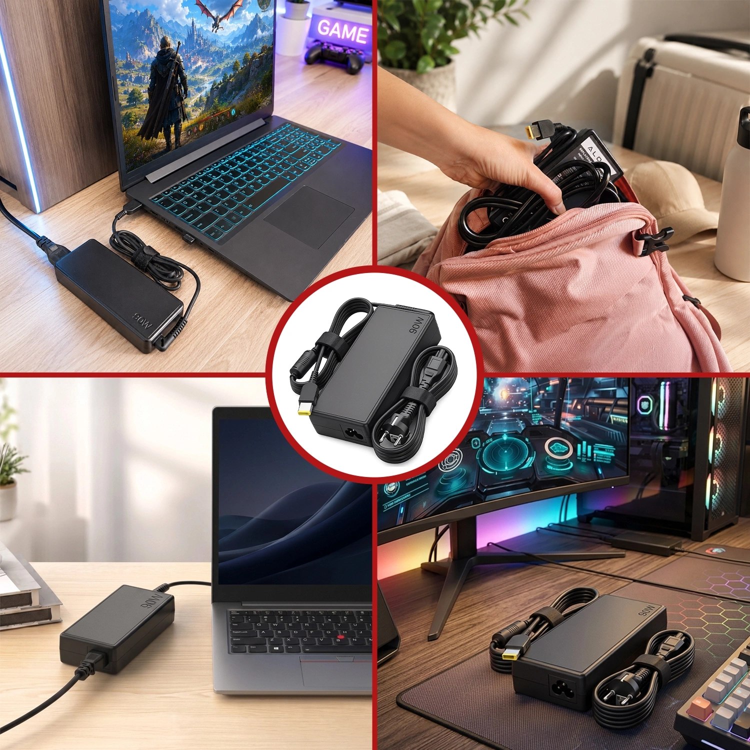 Obraz przedstawia cztery sceny z użyciem czarnego zasilacza do laptopa z napisem \'90W\'. Zasilacz jest podłączony do laptopów, umieszczony w plecaku oraz leży na biurku obok sprzętu komputerowego.