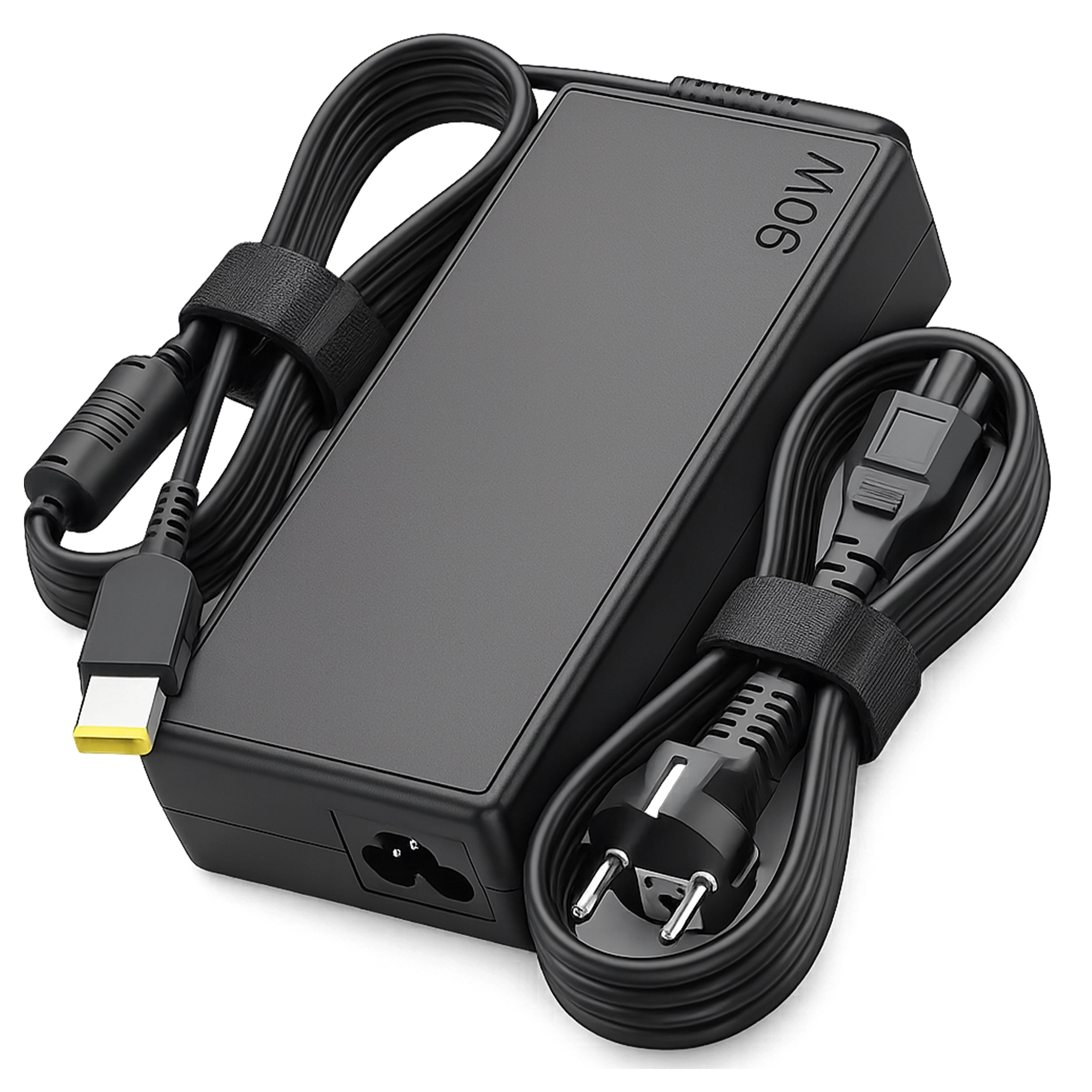 Czarny zasilacz do laptopa z widocznym napisem \'90W\', wyposażony w dwa kable z wtyczkami, jeden z nich zakończony wtykiem typu EU.