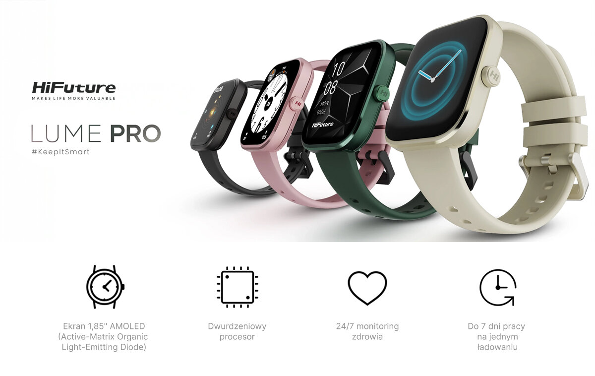 HiFuture Lume Pro w czterech kolorach z ikonami symbolizującymi główne cechy modelu, jak ekran AMOLED, dwurdzeniowy procesor, monitoring zdrowia i do 7 dni pracy na jednym ładowaniu.