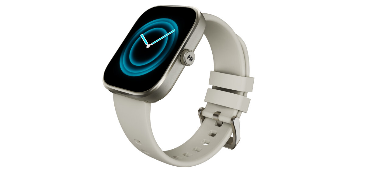 HiFuture Lume Pro Titanium z beżowym paskiem, niebieską tarczą i prostokątną kopertą.